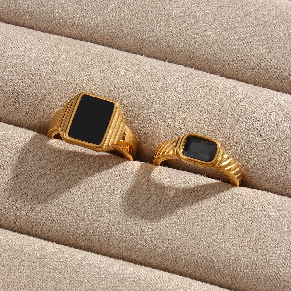 Ebbelle Minimalista Básico Quadrado Geométrico Anel Preto Aço Inoxidável 18K Ouro PVD Chapeamento Para Mulheres Jóias À Prova D 'Água
