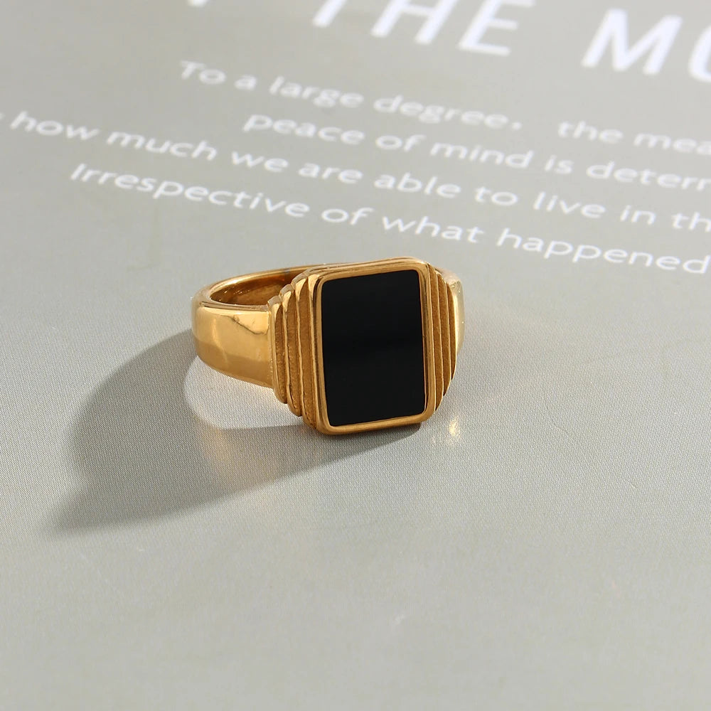 Ebbelle Minimalista Básico Quadrado Geométrico Anel Preto Aço Inoxidável 18K Ouro PVD Chapeamento Para Mulheres Jóias À Prova D 'Água