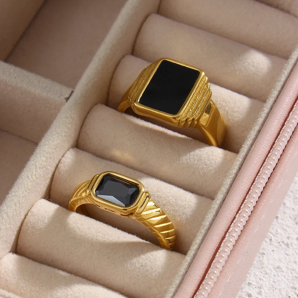 Ebbelle Minimalista Básico Quadrado Geométrico Anel Preto Aço Inoxidável 18K Ouro PVD Chapeamento Para Mulheres Jóias À Prova D 'Água