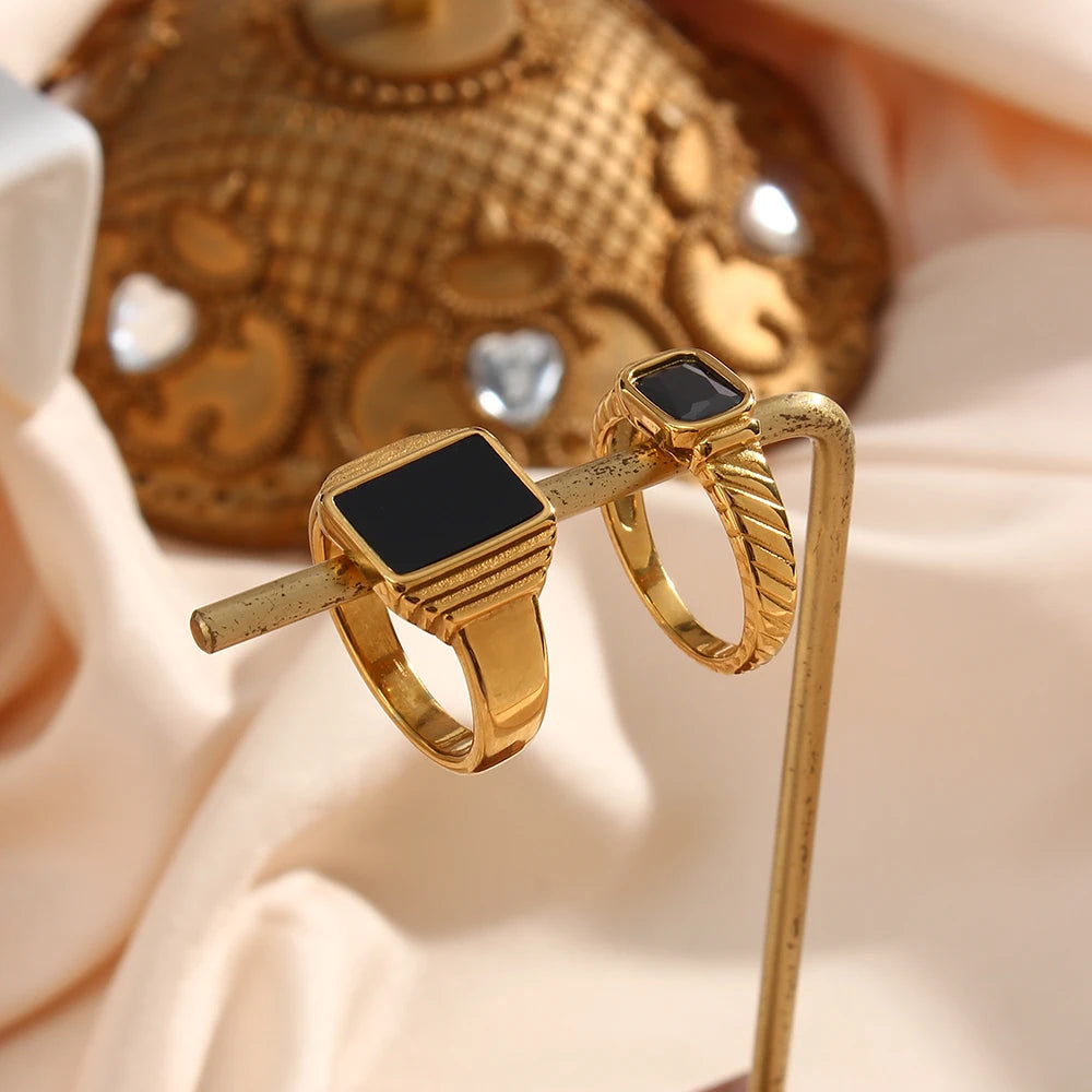 Ebbelle Minimalista Básico Quadrado Geométrico Anel Preto Aço Inoxidável 18K Ouro PVD Chapeamento Para Mulheres Jóias À Prova D 'Água