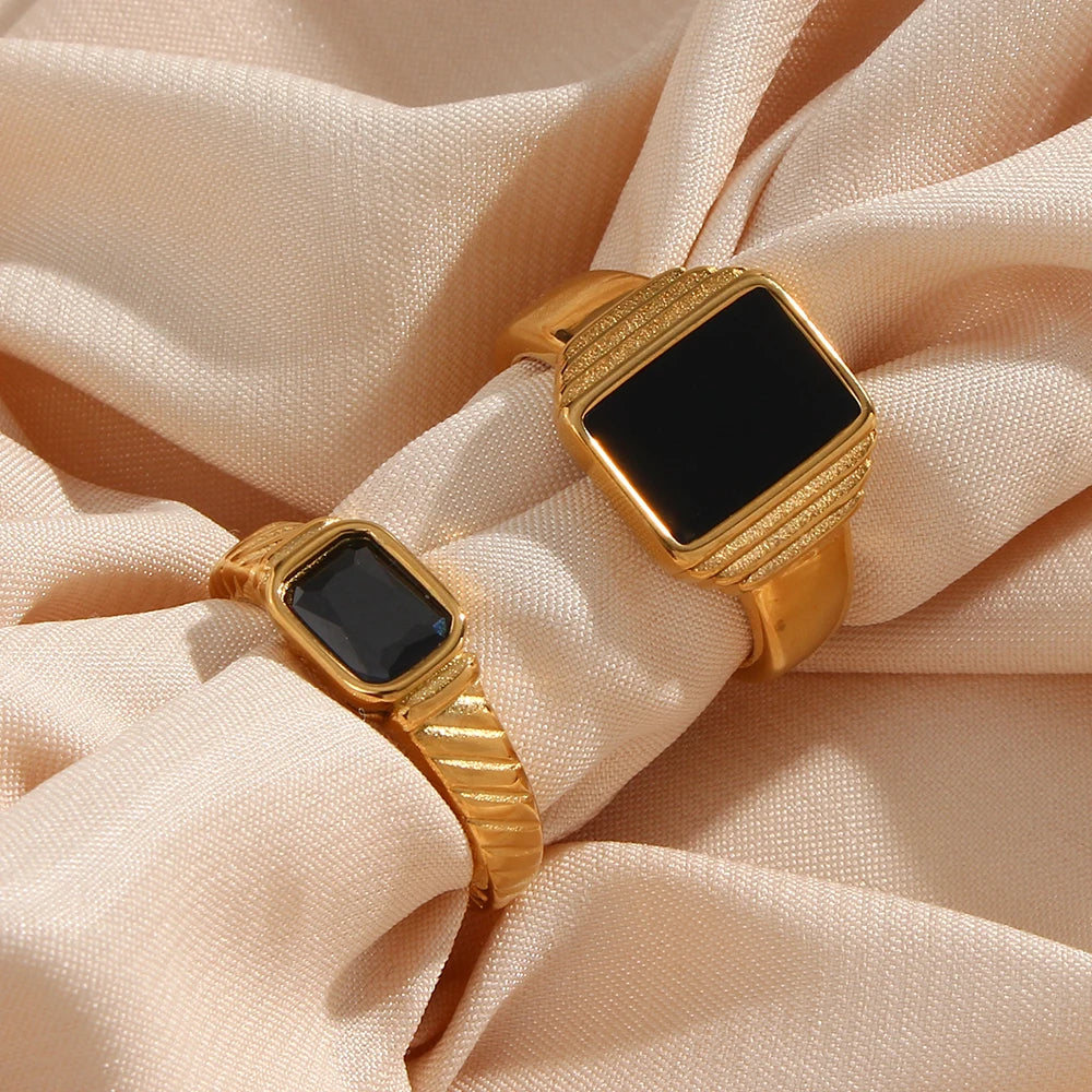 Ebbelle Minimalista Básico Quadrado Geométrico Anel Preto Aço Inoxidável 18K Ouro PVD Chapeamento Para Mulheres Jóias À Prova D 'Água