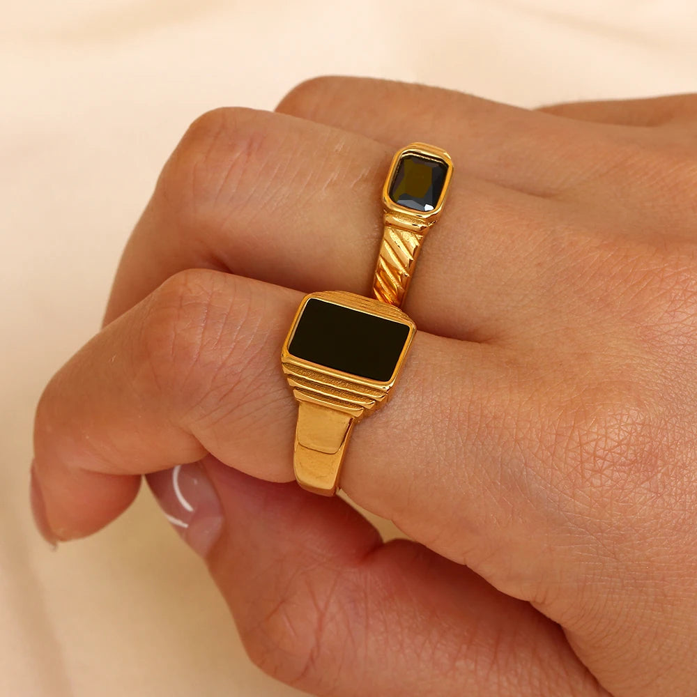 Ebbelle Minimalista Básico Quadrado Geométrico Anel Preto Aço Inoxidável 18K Ouro PVD Chapeamento Para Mulheres Jóias À Prova D 'Água