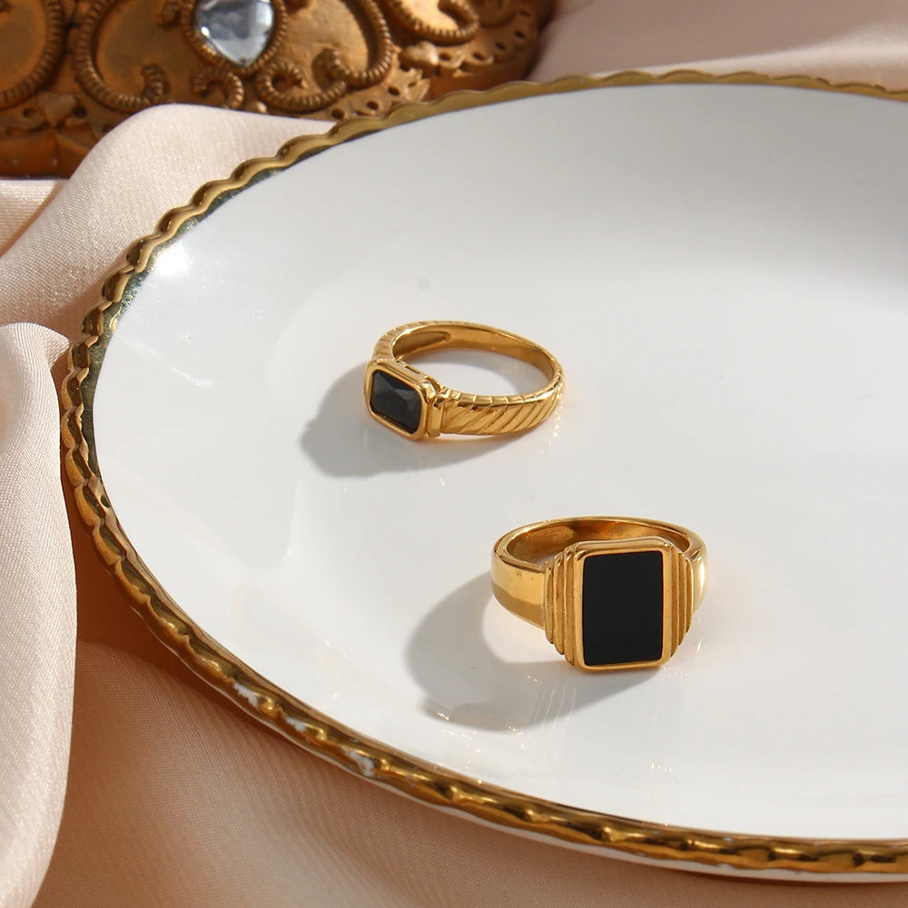 Ebbelle Minimalista Básico Quadrado Geométrico Anel Preto Aço Inoxidável 18K Ouro PVD Chapeamento Para Mulheres Jóias À Prova D 'Água
