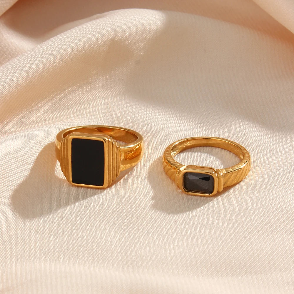Ebbelle Minimalista Básico Quadrado Geométrico Anel Preto Aço Inoxidável 18K Ouro PVD Chapeamento Para Mulheres Jóias À Prova D 'Água