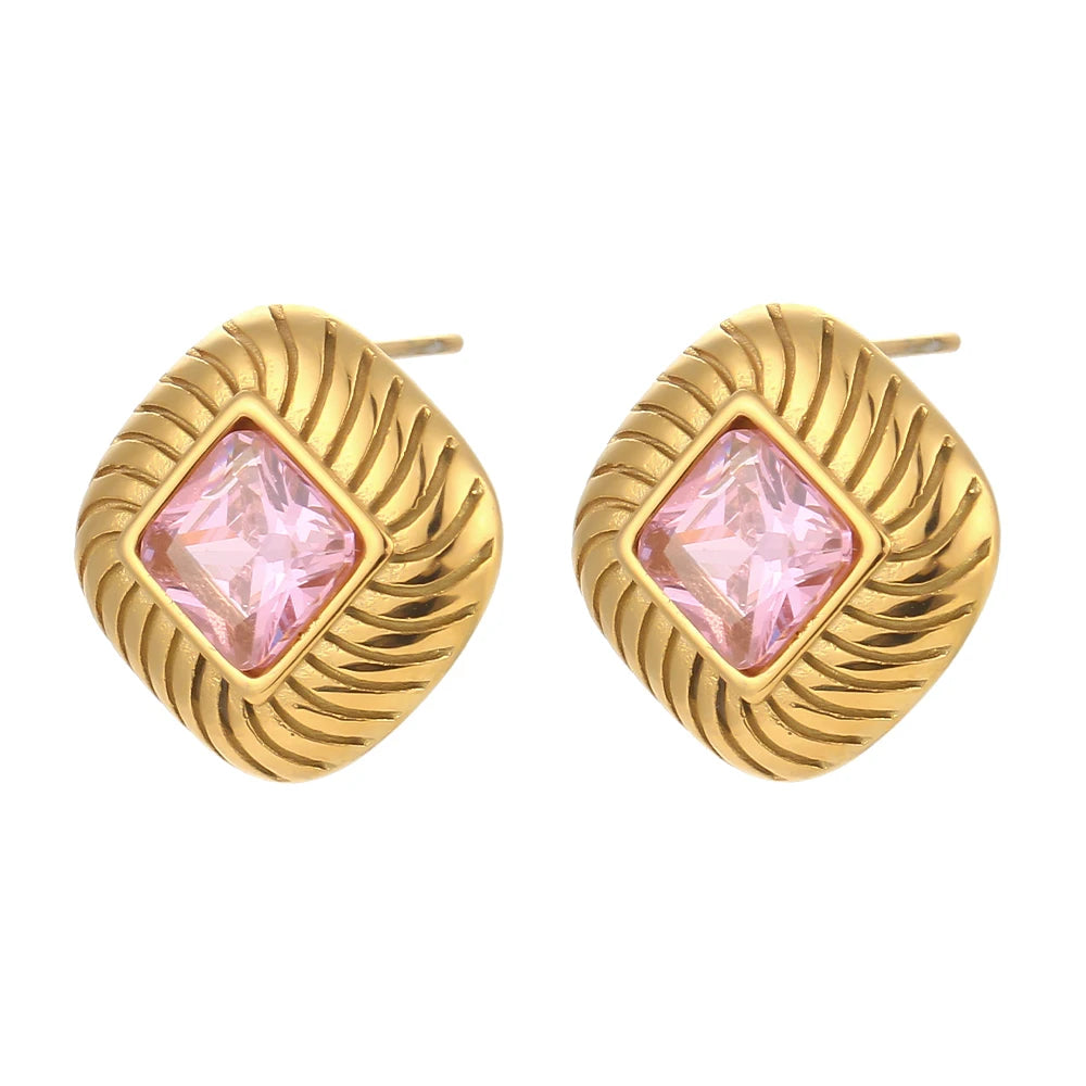 Ebbelle 2024 novo aço inoxidável pequena textura quadrada zircão pedra brincos verde preto rosa branco luxo festa brinco
