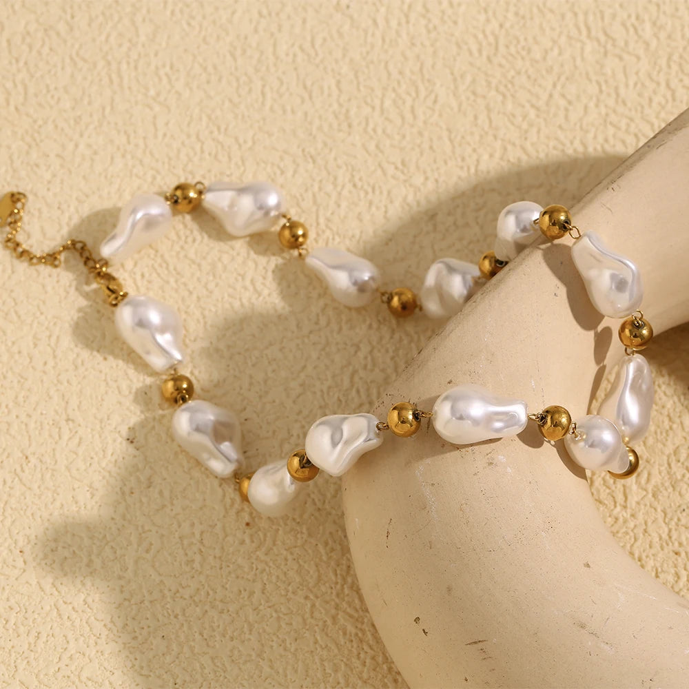 Ebbelle estilo barroco contas redondas imitação de pérola colar de luxo feminino jóias aço inoxidável 18k banhado a ouro hipoalergênico