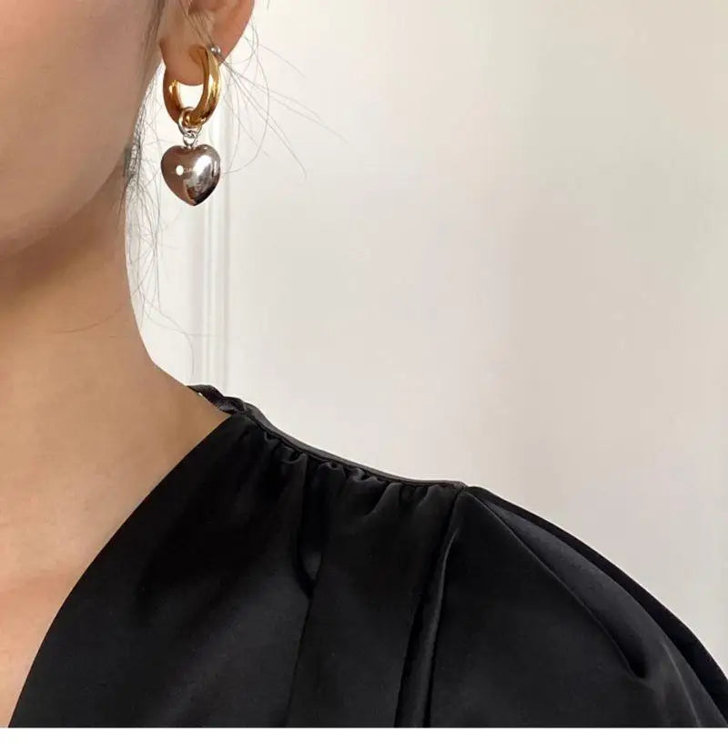 Declaração minimalista ouro prata cor misturada sólido coração pingente brincos de argola estilo rua coreano moda jóias presente