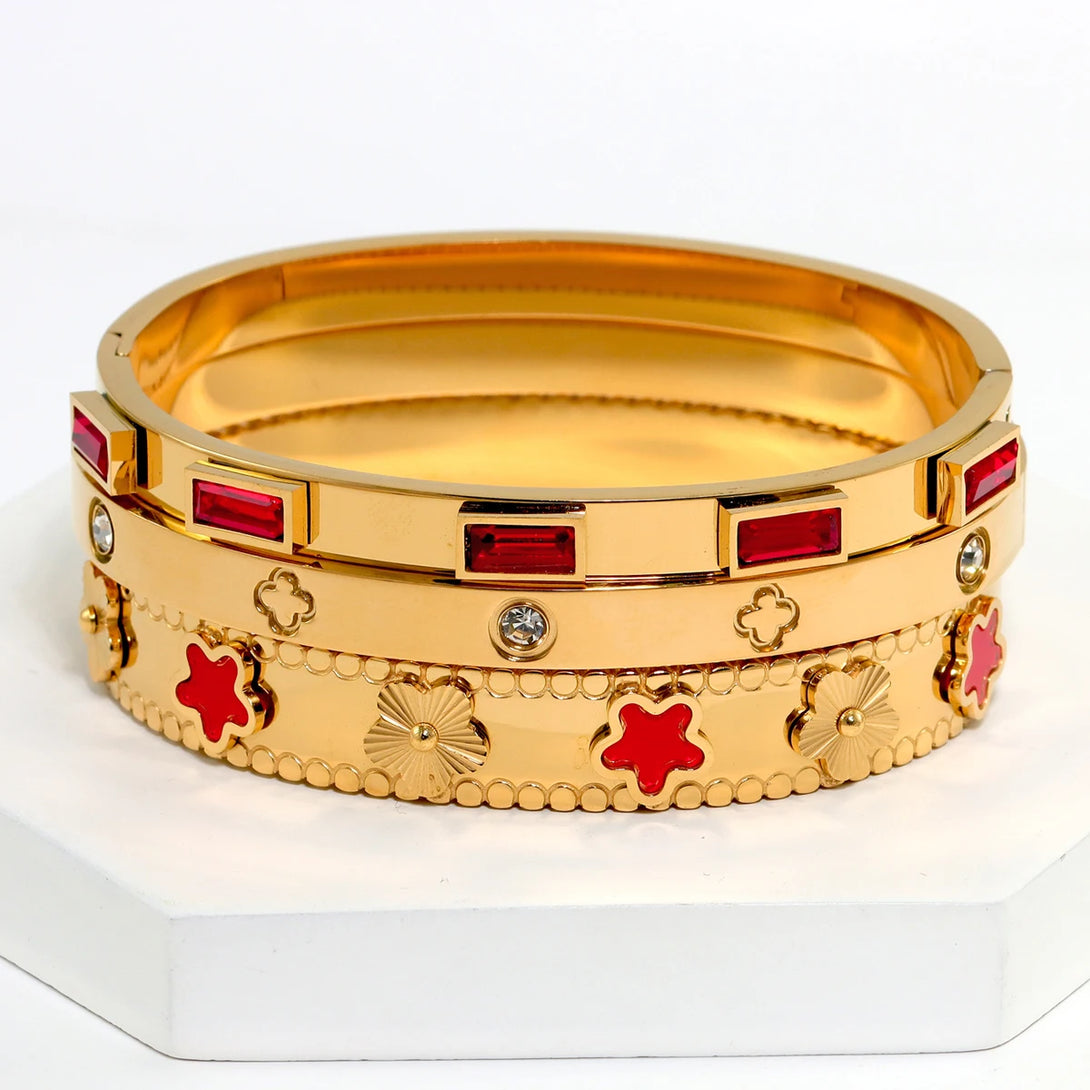 3 pçs/set moda europeia e americana pulseira de aço inoxidável para mulheres com design de flor conjuntos de pulseiras de jóias