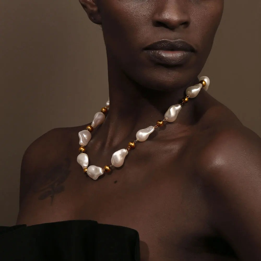 Ebbelle estilo barroco contas redondas imitação de pérola colar de luxo feminino jóias aço inoxidável 18k banhado a ouro hipoalergênico