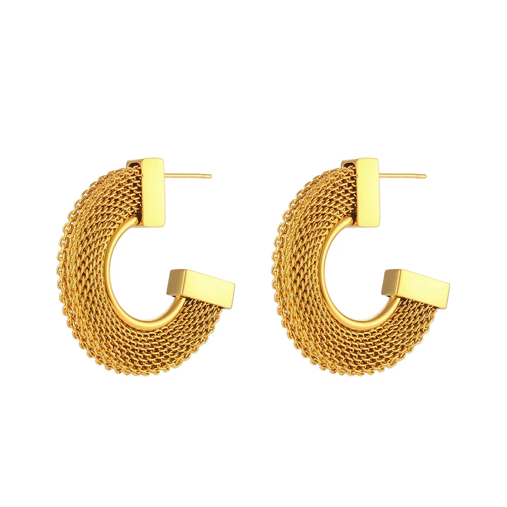 Brincos CC de malha plana exagerada declaração de aço inoxidável 18K banhado a ouro brincos à prova d'água para mulheres joias de festa