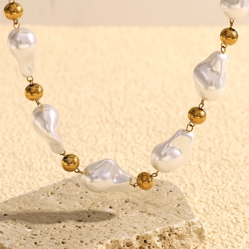 Ebbelle estilo barroco contas redondas imitação de pérola colar de luxo feminino jóias aço inoxidável 18k banhado a ouro hipoalergênico