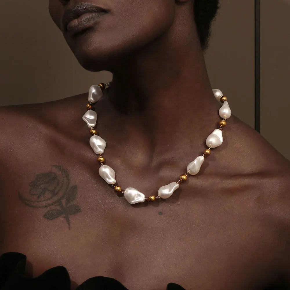 Ebbelle estilo barroco contas redondas imitação de pérola colar de luxo feminino jóias aço inoxidável 18k banhado a ouro hipoalergênico
