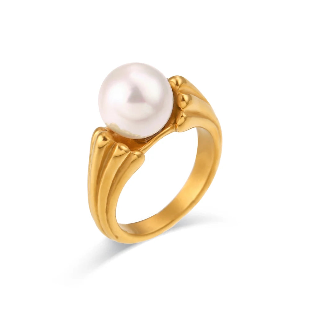 MamacitaSlay clássico simples pérola anel de aço inoxidável festa criativa joias à prova d'água feminino elegante anel de presente de alta qualidade