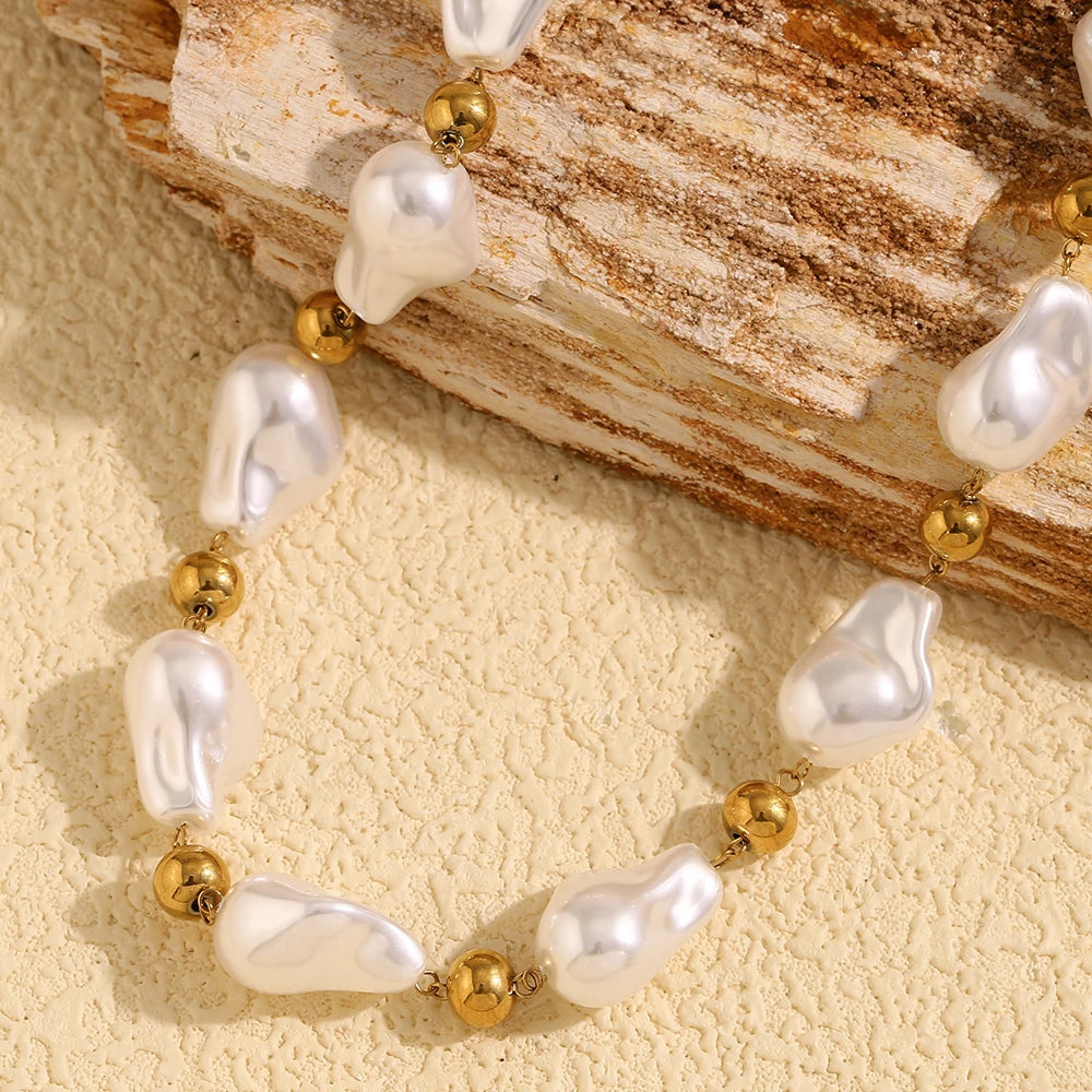 Ebbelle estilo barroco contas redondas imitação de pérola colar de luxo feminino jóias aço inoxidável 18k banhado a ouro hipoalergênico