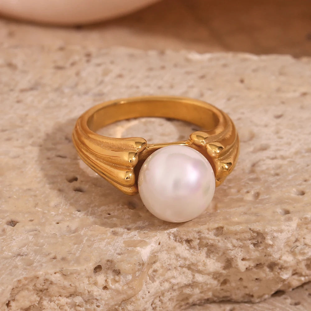 MamacitaSlay clássico simples pérola anel de aço inoxidável festa criativa joias à prova d'água feminino elegante anel de presente de alta qualidade