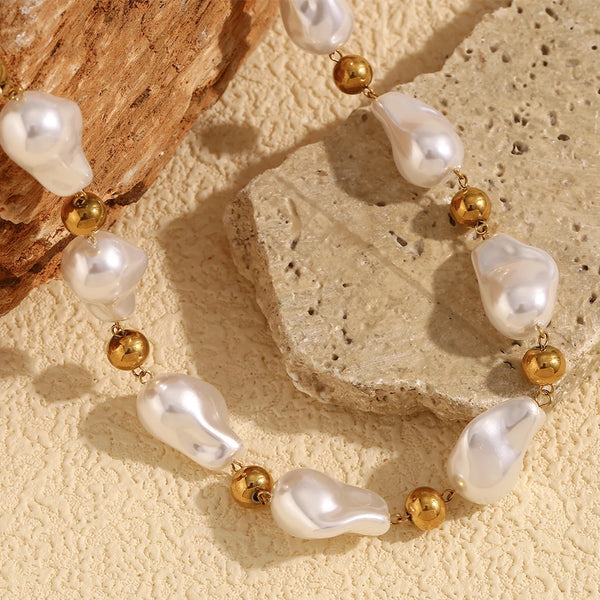 Ebbelle estilo barroco contas redondas imitação de pérola colar de luxo feminino jóias aço inoxidável 18k banhado a ouro hipoalergênico
