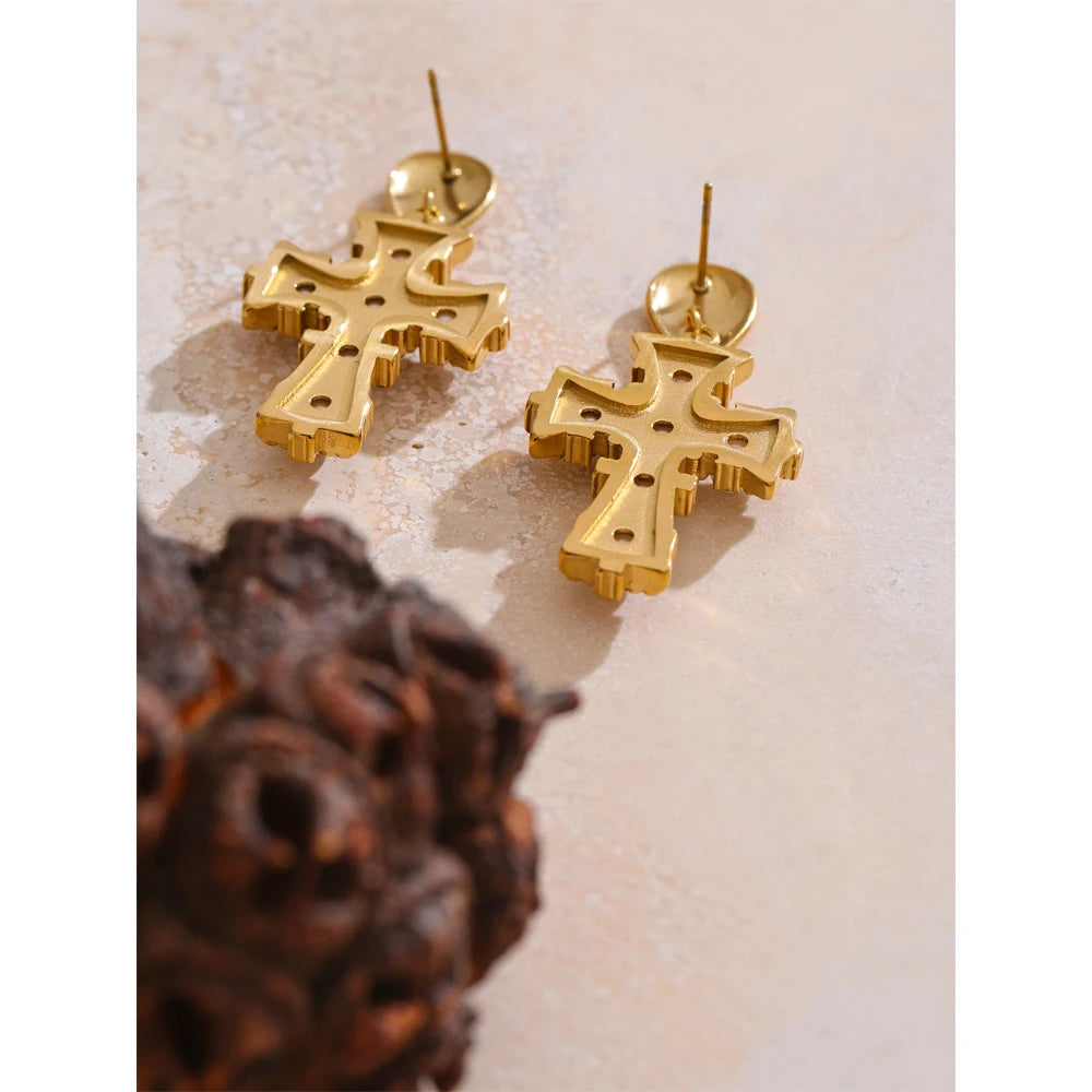 Yhpup vintage imitação de pérolas zircônia cruz brincos 18k cor ouro aço inoxidável joias populares 2025