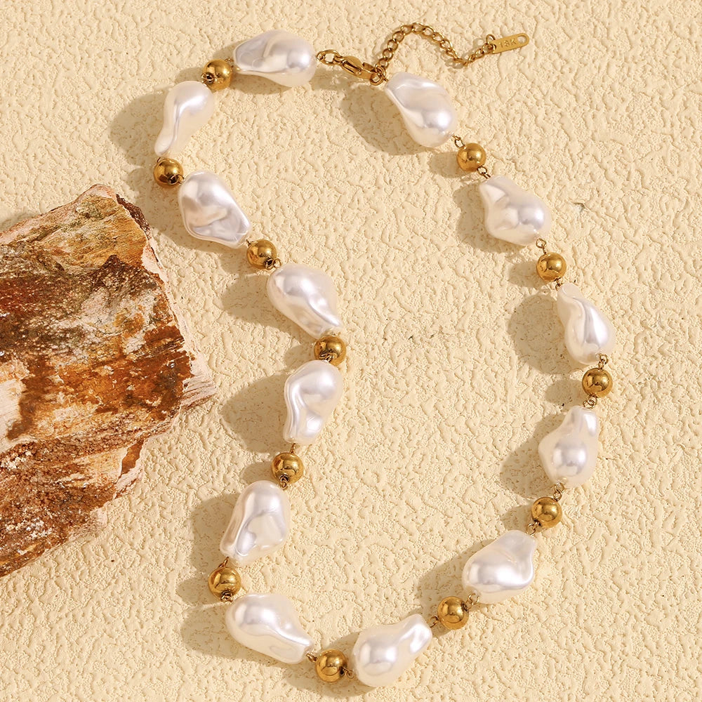 Ebbelle estilo barroco contas redondas imitação de pérola colar de luxo feminino jóias aço inoxidável 18k banhado a ouro hipoalergênico
