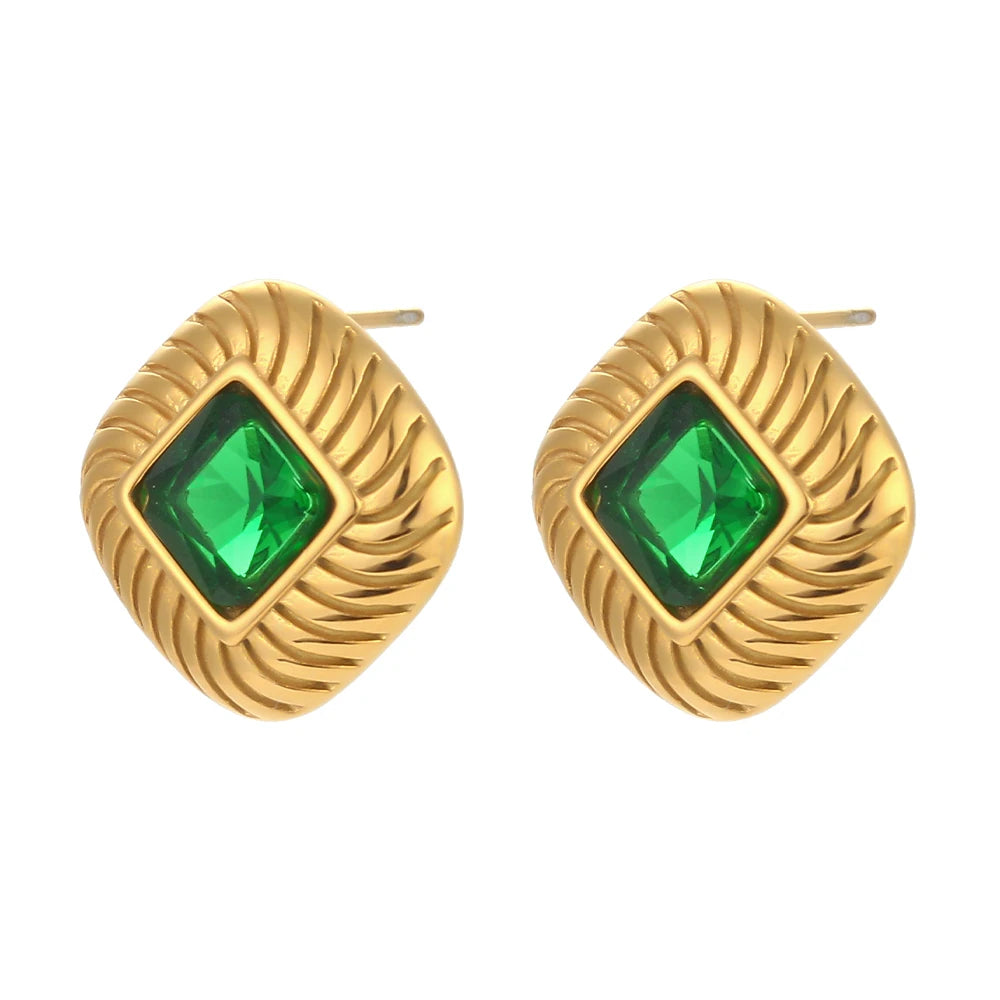 Ebbelle 2024 novo aço inoxidável pequena textura quadrada zircão pedra brincos verde preto rosa branco luxo festa brinco