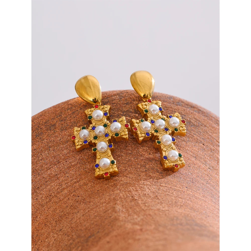 Yhpup vintage imitação de pérolas zircônia cruz brincos 18k cor ouro aço inoxidável joias populares 2025