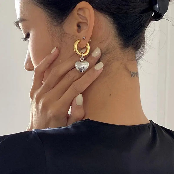 Declaração minimalista ouro prata cor misturada sólido coração pingente brincos de argola estilo rua coreano moda jóias presente