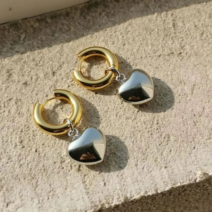 Declaração minimalista ouro prata cor misturada sólido coração pingente brincos de argola estilo rua coreano moda jóias presente