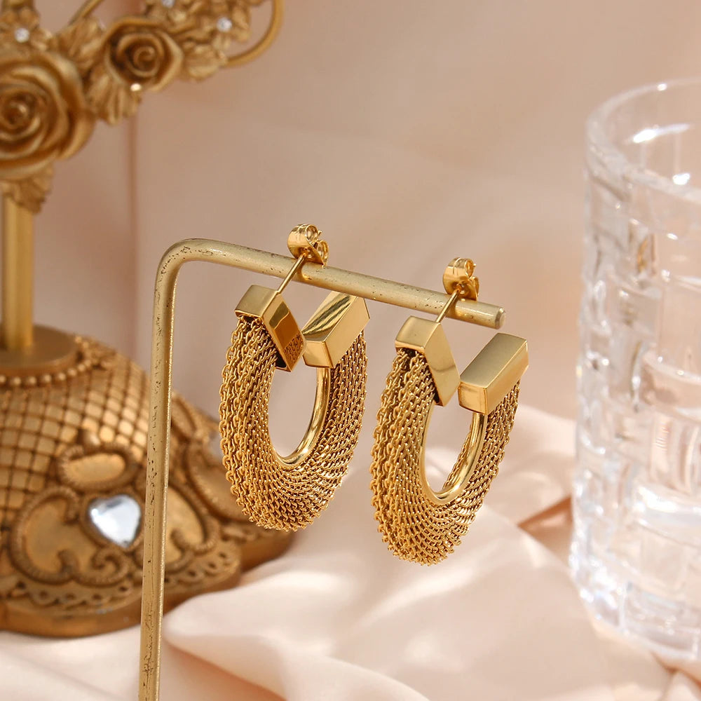 Brincos CC de malha plana exagerada declaração de aço inoxidável 18K banhado a ouro brincos à prova d'água para mulheres joias de festa