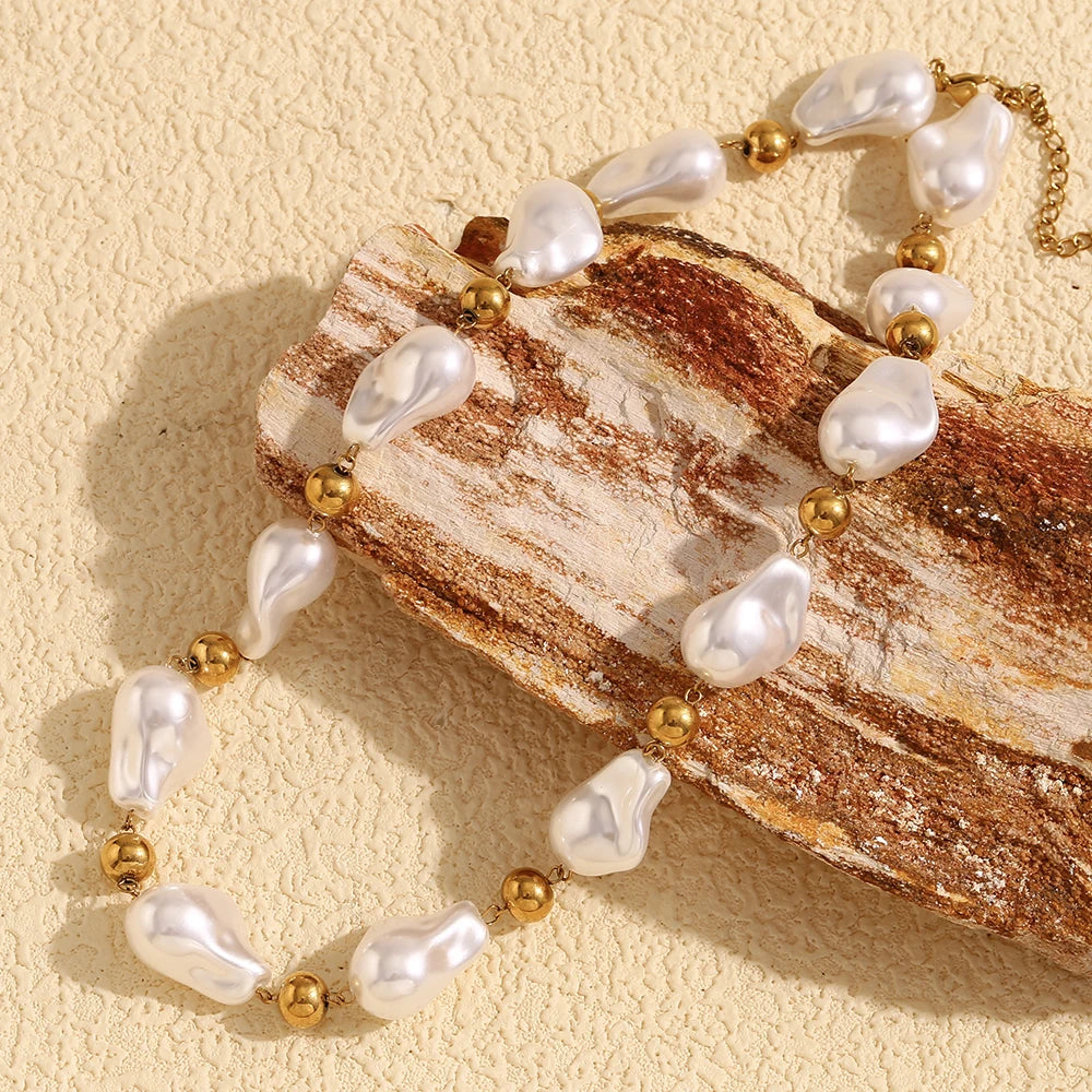 Ebbelle estilo barroco contas redondas imitação de pérola colar de luxo feminino jóias aço inoxidável 18k banhado a ouro hipoalergênico
