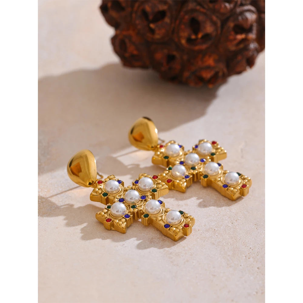 Yhpup vintage imitação de pérolas zircônia cruz brincos 18k cor ouro aço inoxidável joias populares 2025