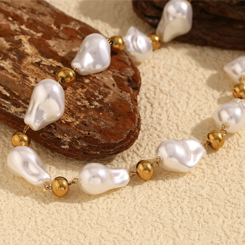 Ebbelle estilo barroco contas redondas imitação de pérola colar de luxo feminino jóias aço inoxidável 18k banhado a ouro hipoalergênico