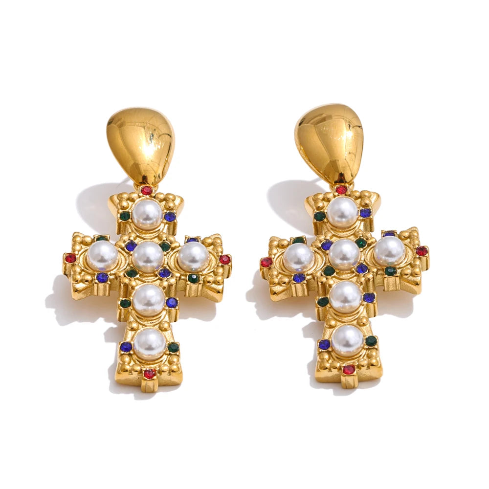 Yhpup vintage imitação de pérolas zircônia cruz brincos 18k cor ouro aço inoxidável joias populares 2025